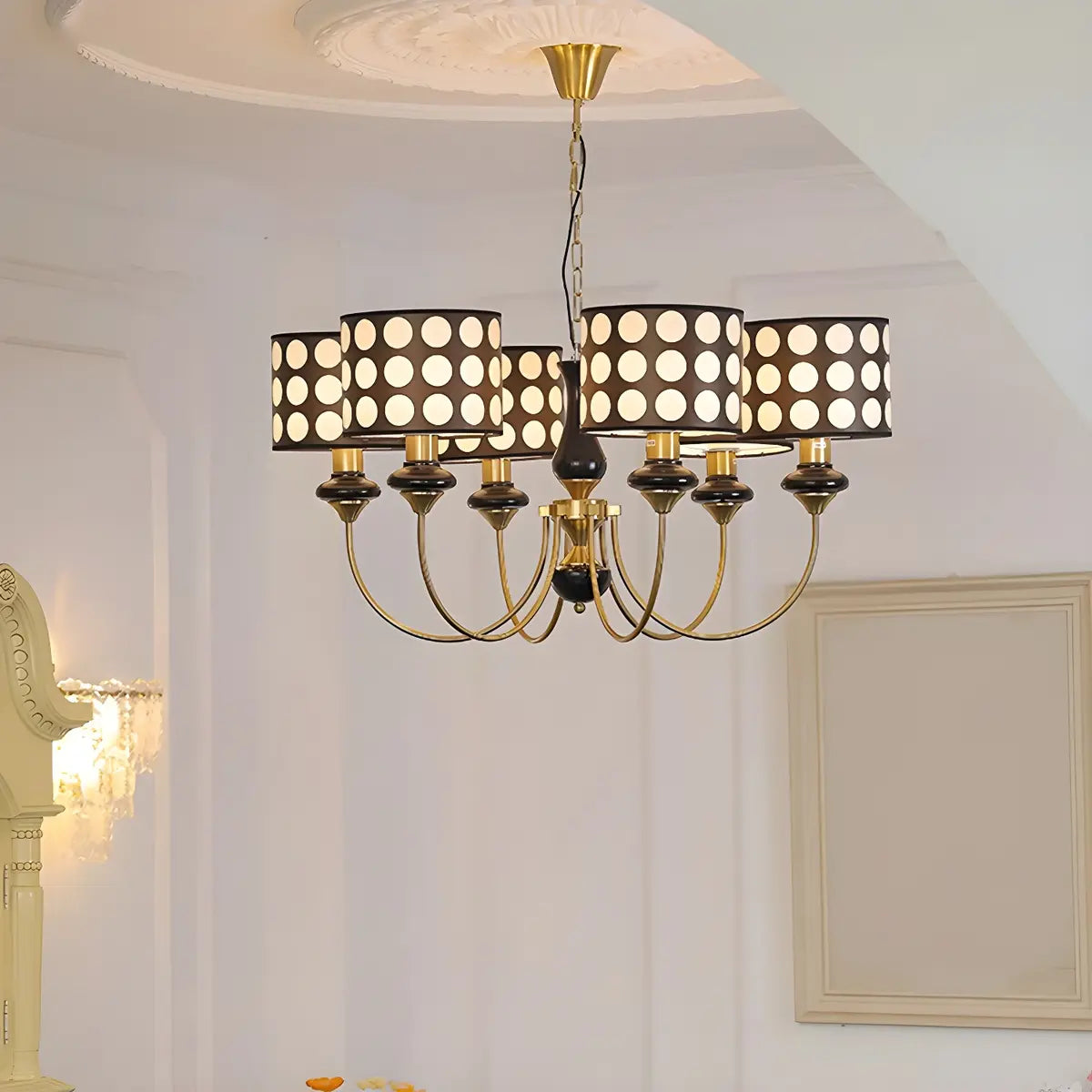 Vintage Polka Dot Fabric Living Room Black Chandelier Image - 6