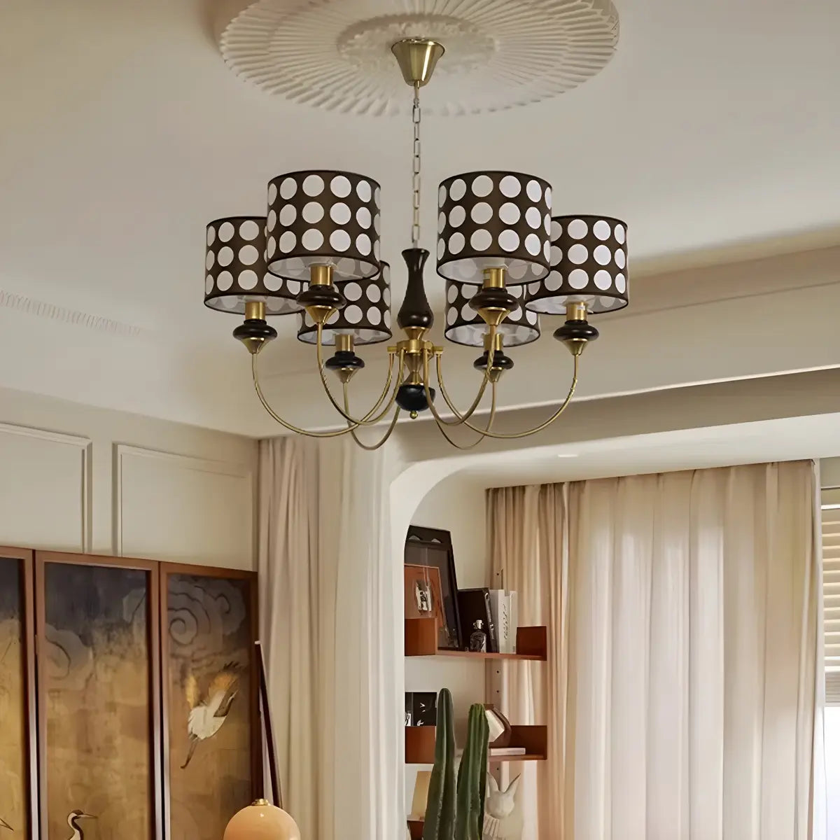 Vintage Polka Dot Fabric Living Room Black Chandelier Image - 7