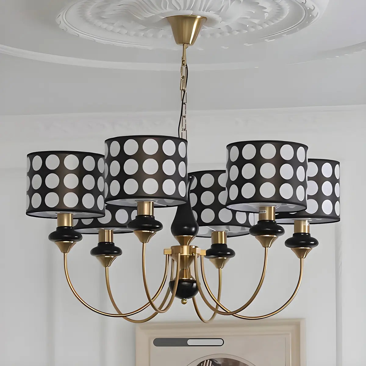 Vintage Polka Dot Fabric Living Room Black Chandelier Image - 9
