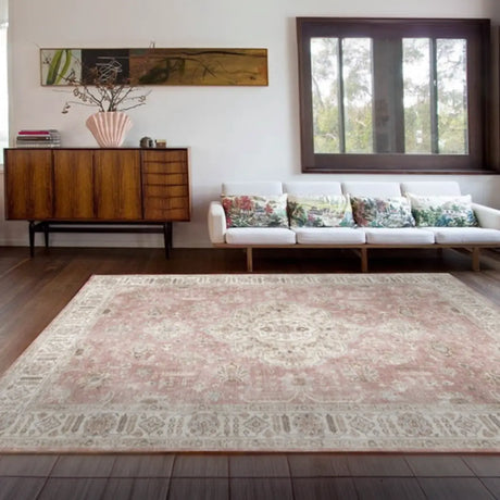 Vintage Rectangle Fabric Floral Pink Large Area Rug Image - 1