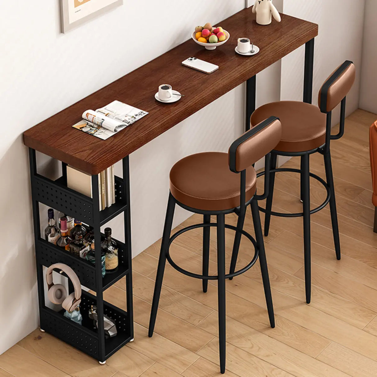 Vintage Rectangular Bar Height Table with Storage Shelves Image - 3
