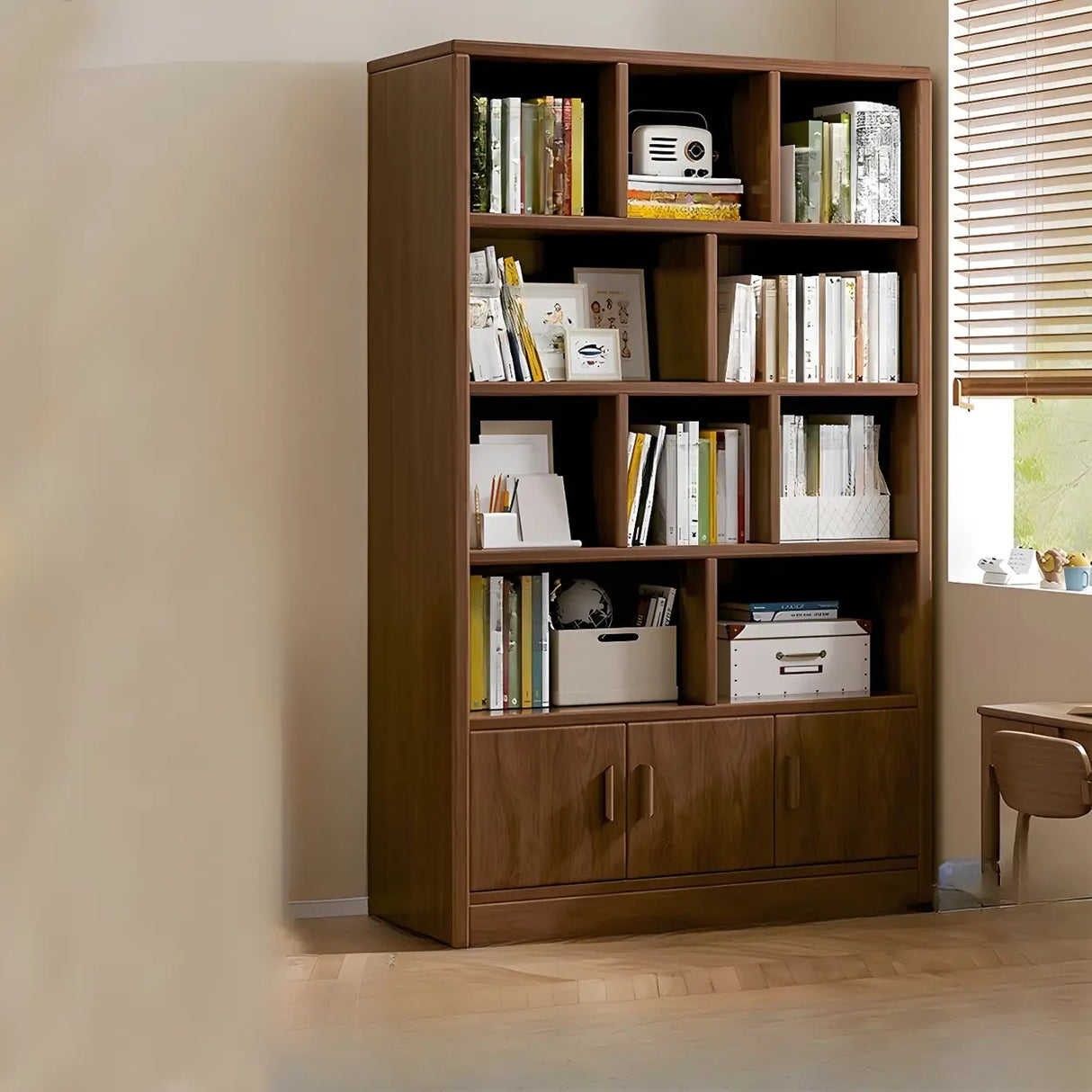 Vintage Rectangular Wood Finish Storage Tall Bookcase Image - 13