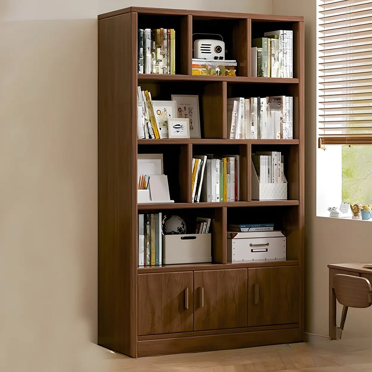 Vintage Rectangular Wood Finish Storage Tall Bookcase Image - 9