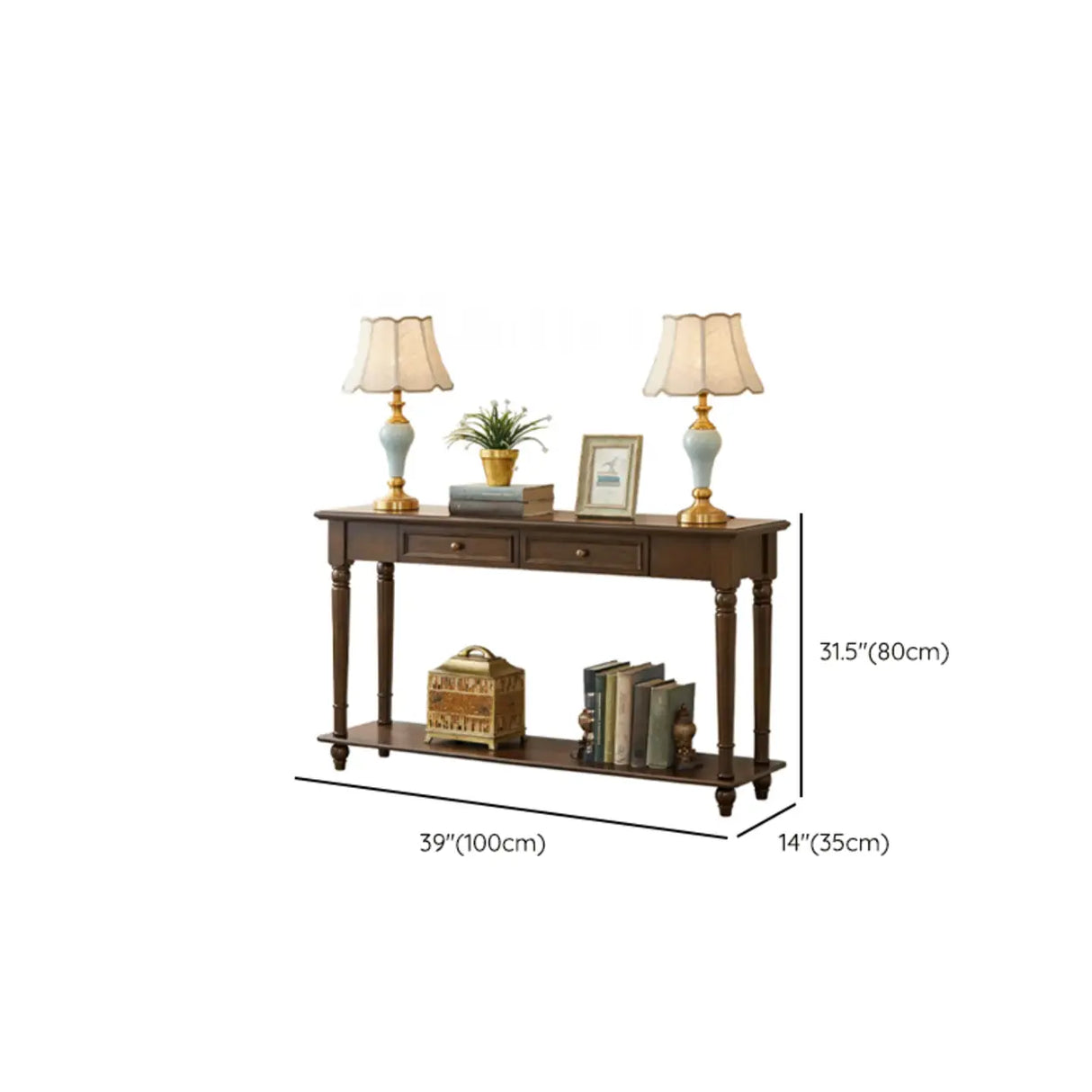 Vintage Rectangular Wood Walnut Storage Console Table 