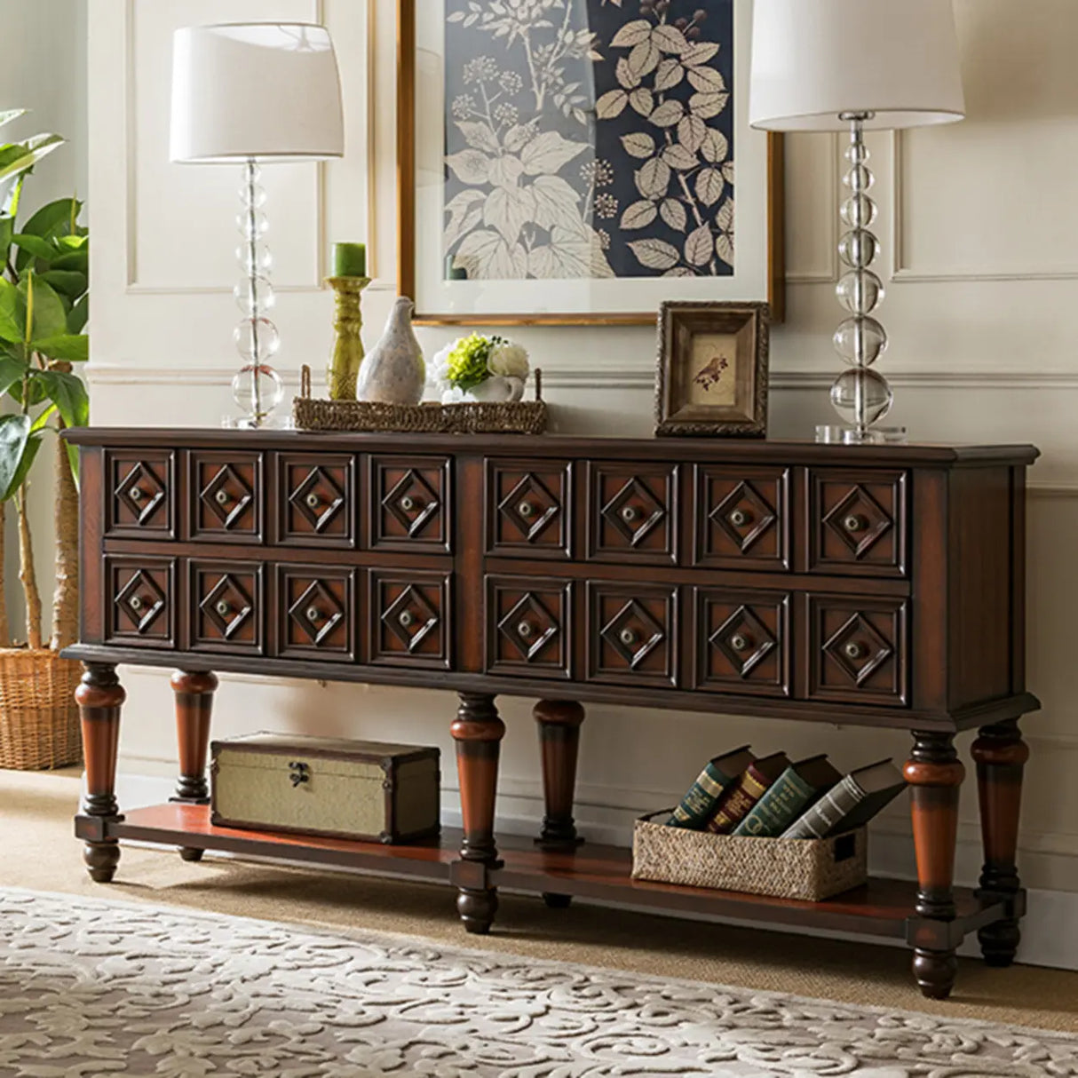 Vintage Rectangular Wooden Brown Storage Console Table Image - 1