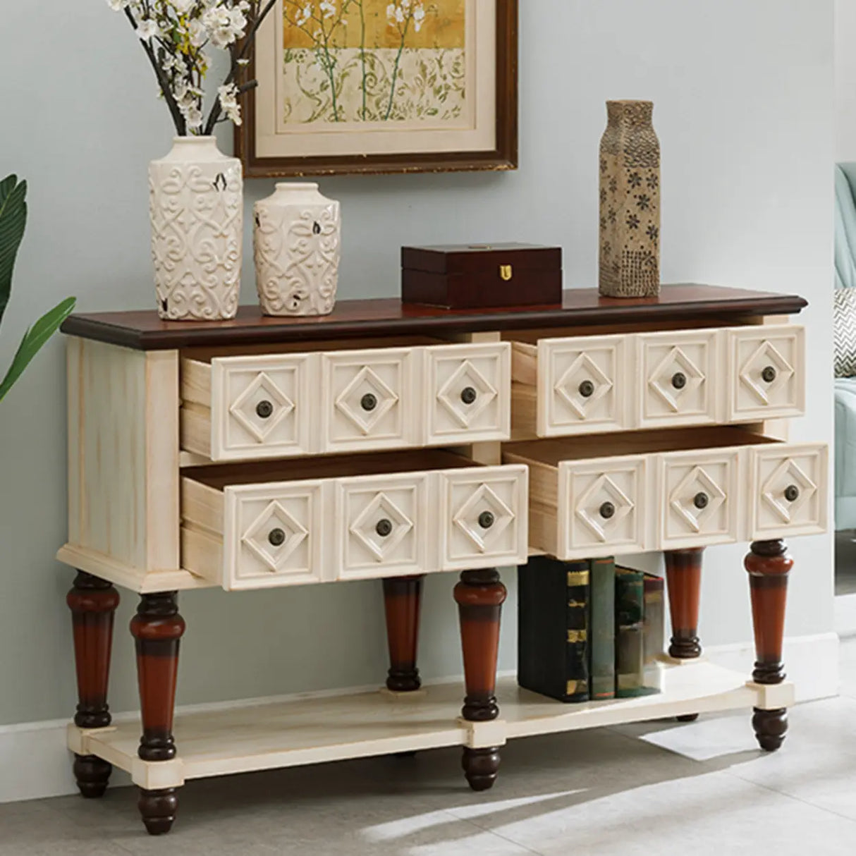 Vintage Rectangular Wooden Brown Storage Console Table Image - 10