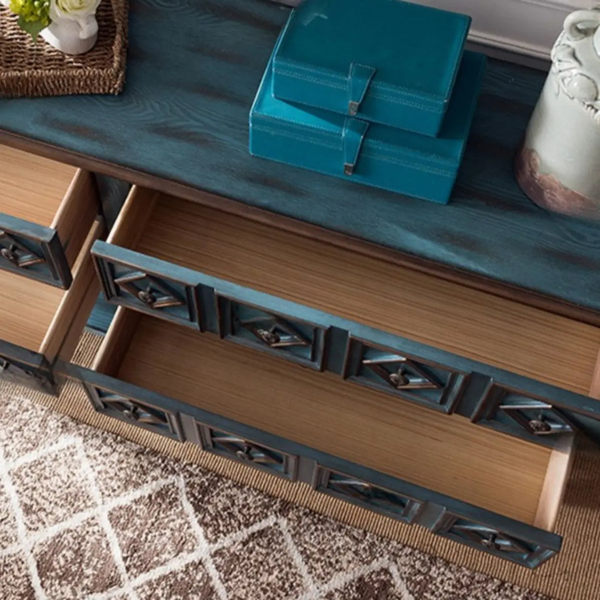 Vintage Rectangular Wooden Brown Storage Console Table Image - 15