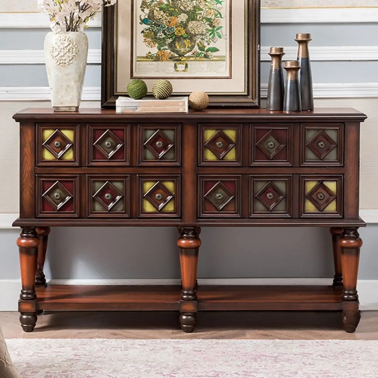 Vintage Rectangular Wooden Brown Storage Console Table Image - 2