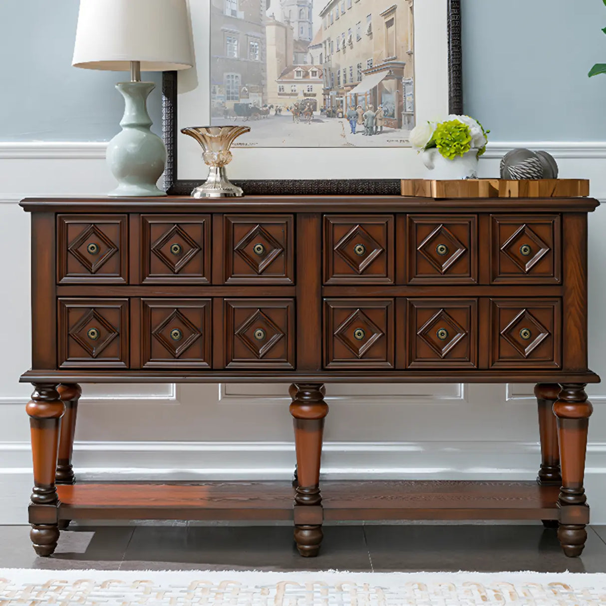 Vintage Rectangular Wooden Brown Storage Console Table Image - 7