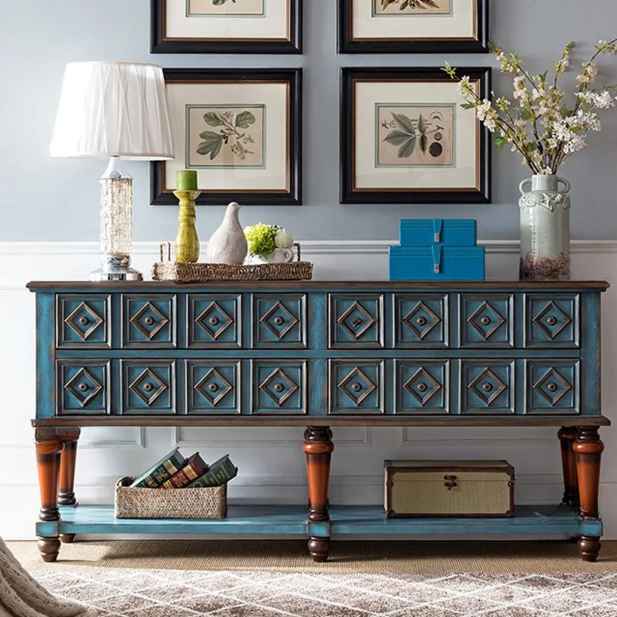 Vintage Rectangular Wooden Brown Storage Console Table Image - 8