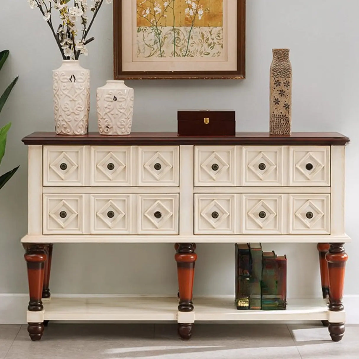 Vintage Rectangular Wooden Brown Storage Console Table Image - 9
