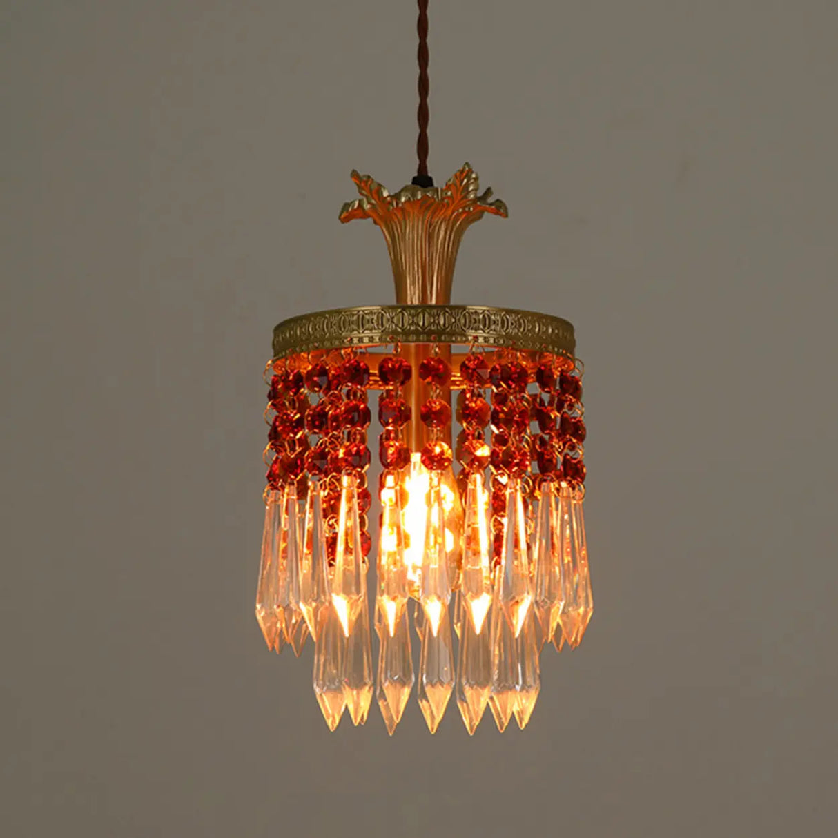 Vintage Red Cylinder Crystal Dining Room Pendant Light Image - 11