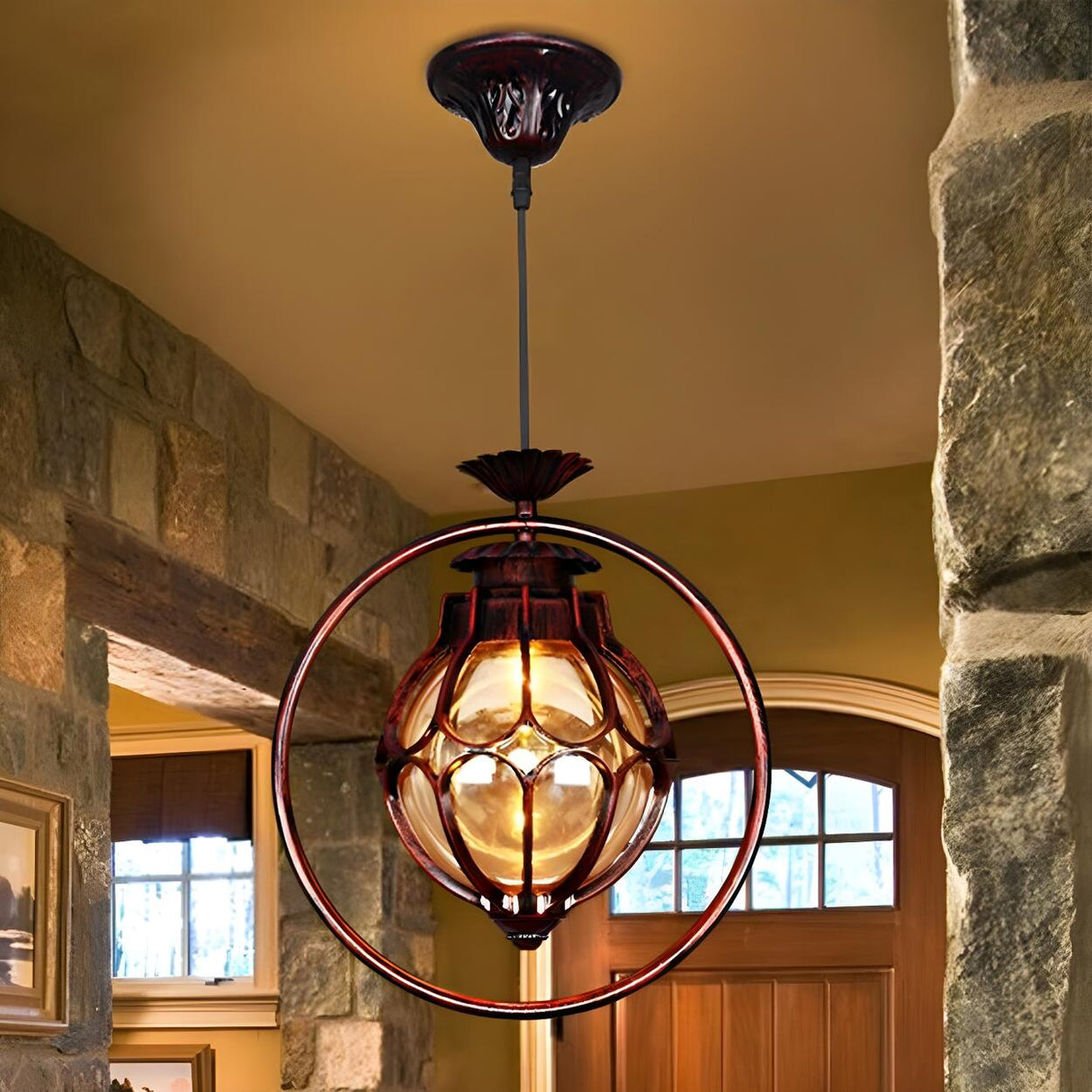 Vintage Retro Amber Glass Global Pendant Light Image - 5