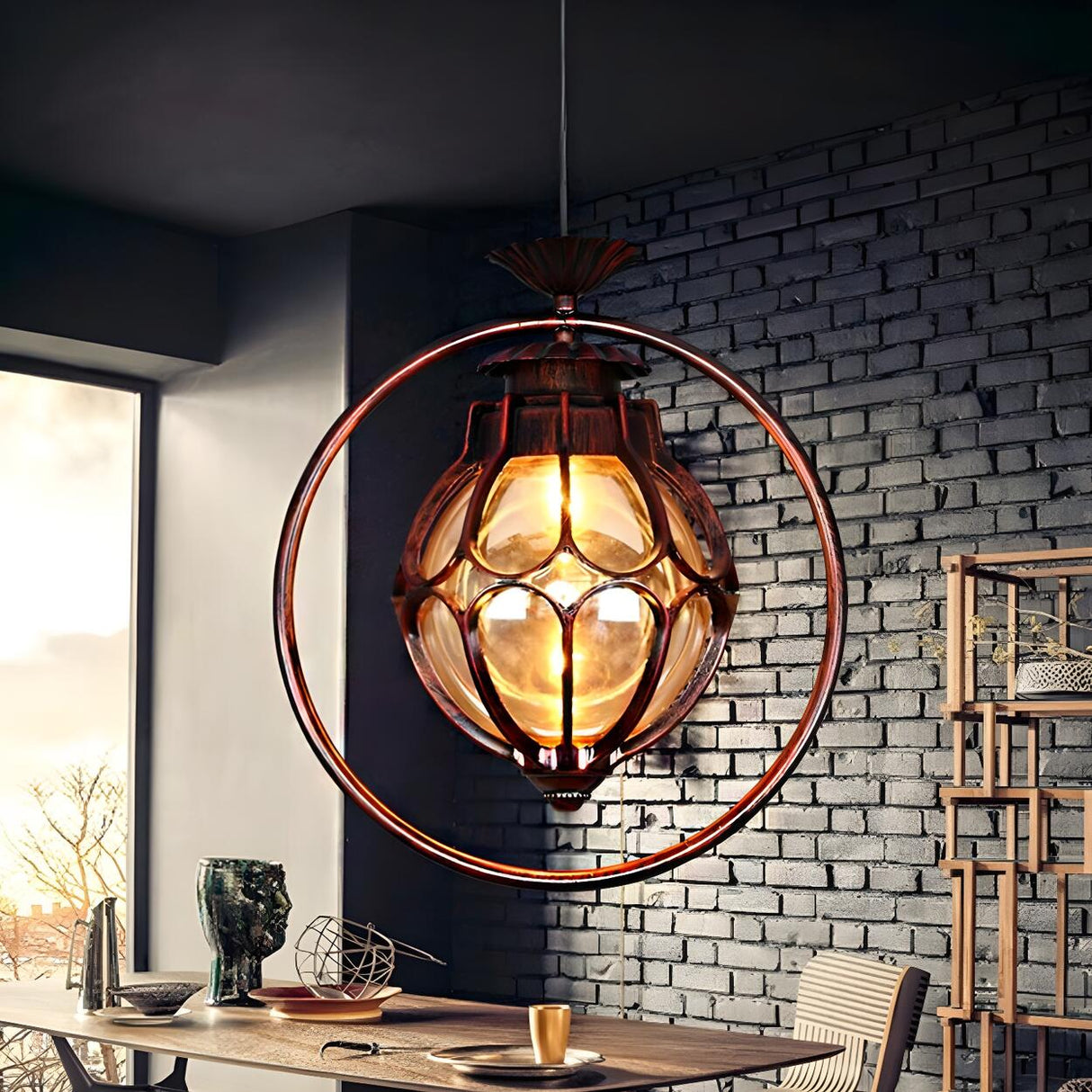 Vintage Retro Amber Glass Global Pendant Light Image - 6
