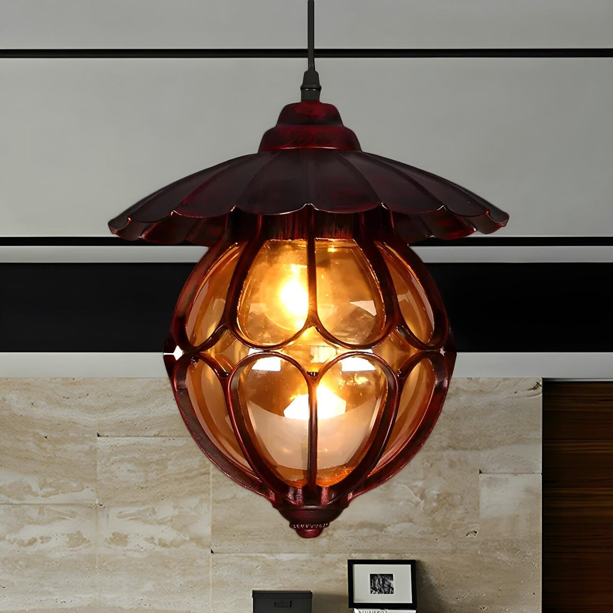Vintage Retro Amber Glass Global Pendant Light Image - 7