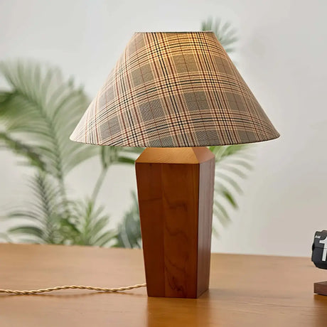 Vintage Rustic Plaid Cone Shade Walnut Wood Base Table Lamp Image - 1