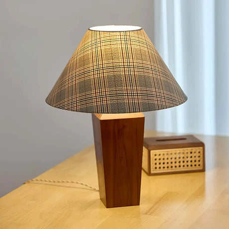 Vintage Rustic Plaid Cone Shade Walnut Wood Base Table Lamp Image - 3