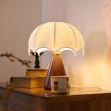 Vintage Silk Umbrella Wood Cone Integrated LED Table Lamp Image - 2