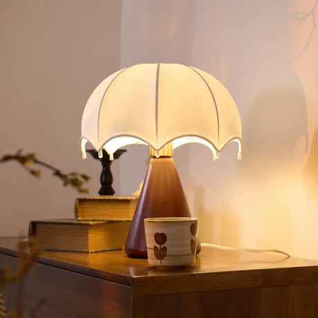 Vintage Silk Umbrella Wood Cone Integrated LED Table Lamp Image - 2