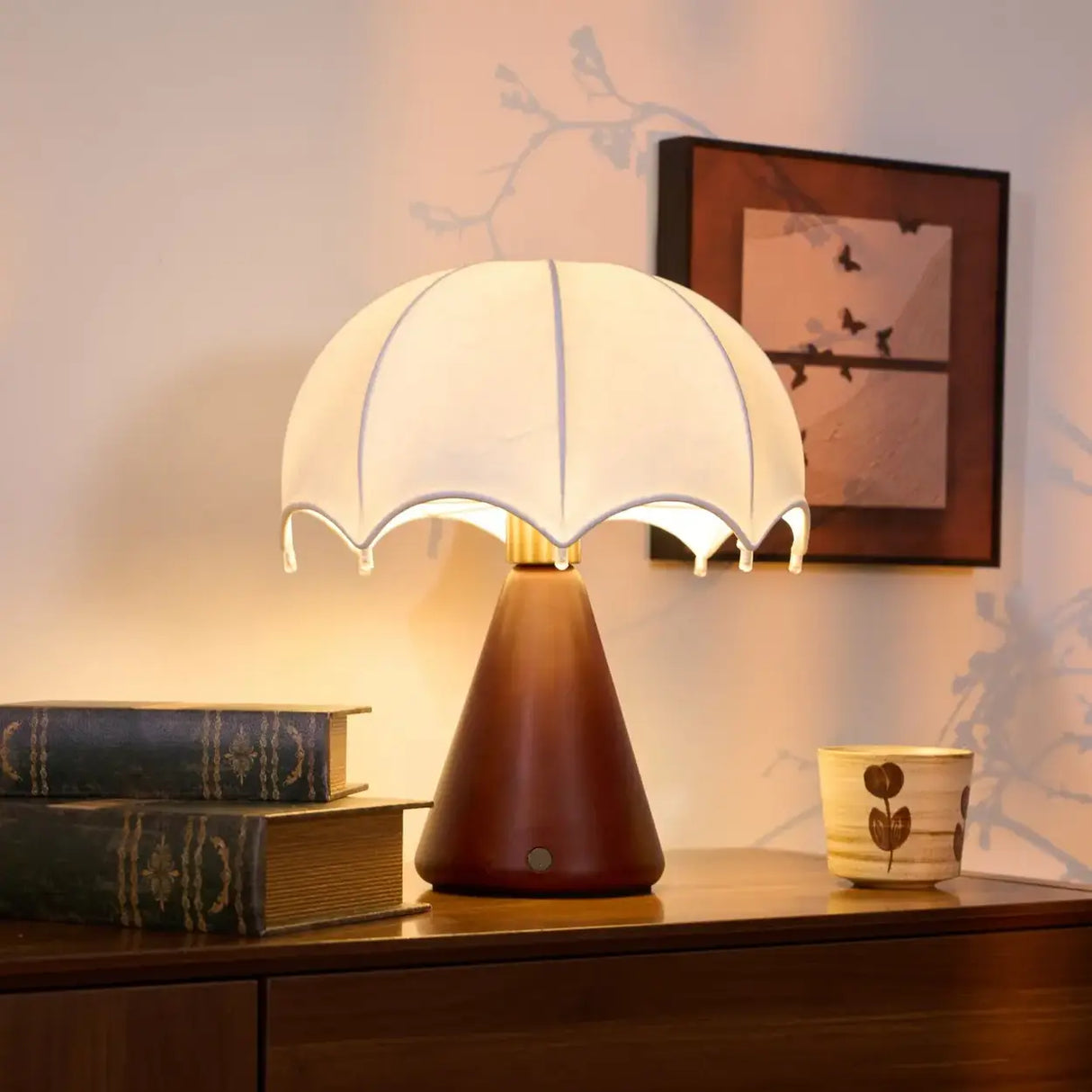 Vintage Silk Umbrella Wood Cone Integrated LED Table Lamp Image - 6