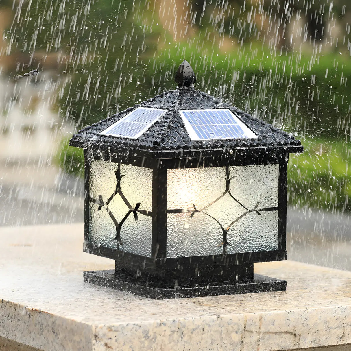 Vintage Solar Lantern Square Metal Outdoor Post Light Image - 5