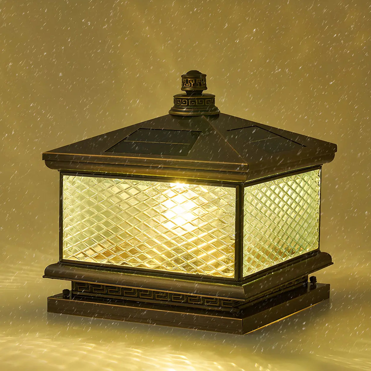 Vintage Square Glass Solar Lantern Bronze Outdoor Lamp Image - 2