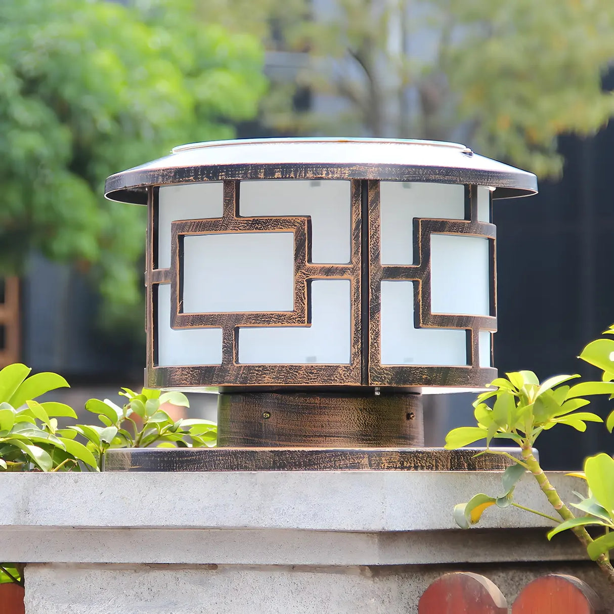 Vintage Square Metal Bronze Post Outdoor Table Lamp Image - 1