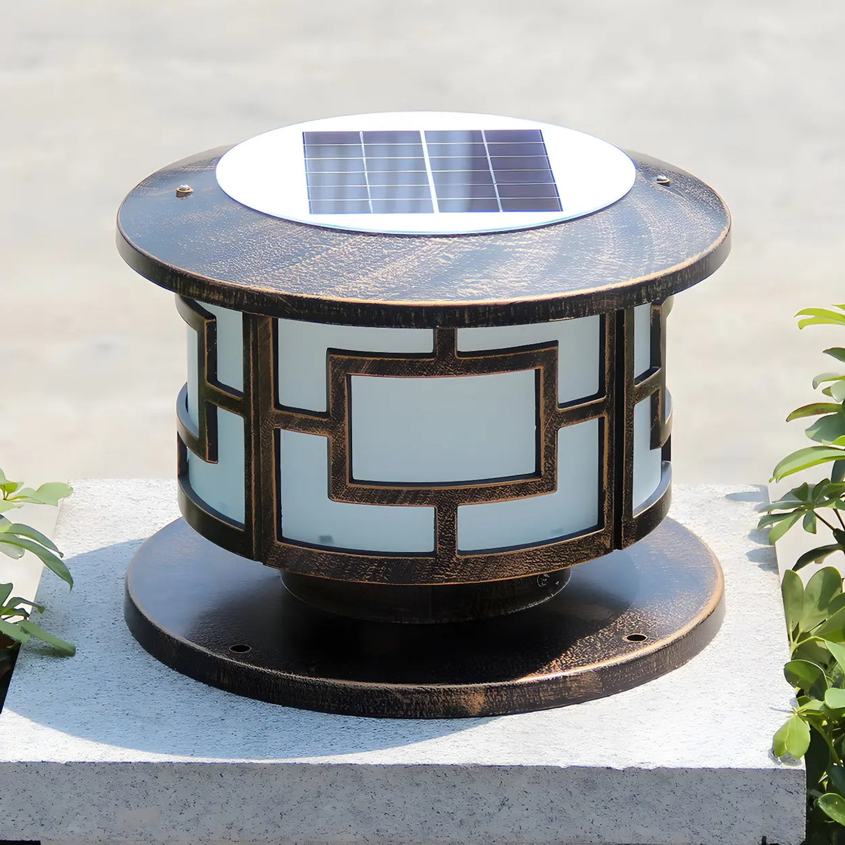 Vintage Square Metal Bronze Post Outdoor Table Lamp Image - 2