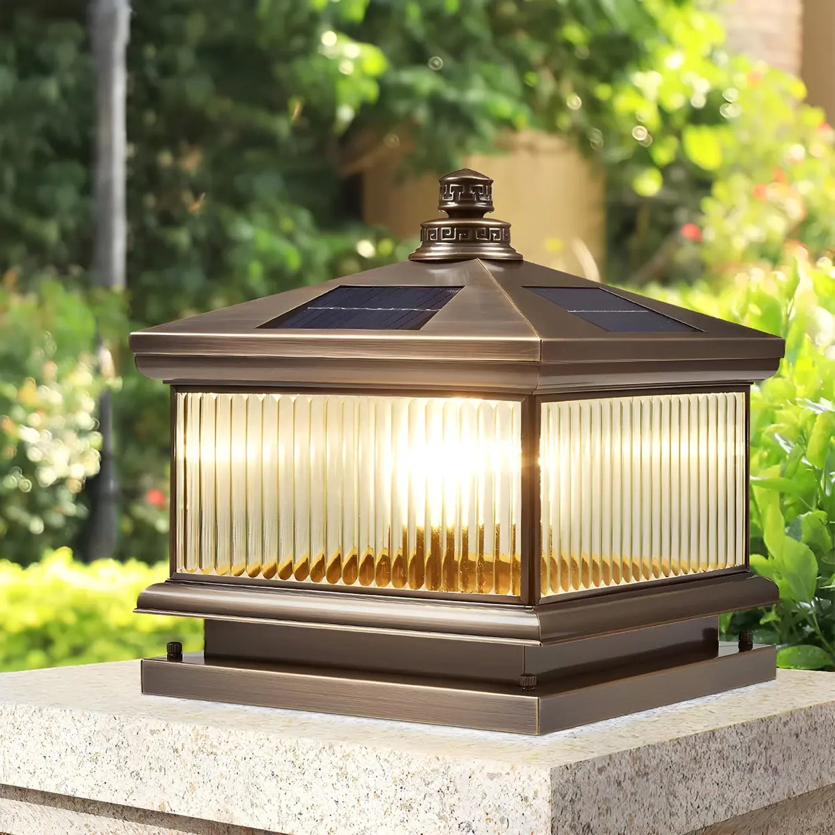 Vintage Square Metal Solar Outdoor Glass Post Light Image - 5