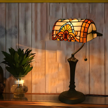 Vintage Stained Glass Tiffany Banker Decor Table Lamp Image - 1