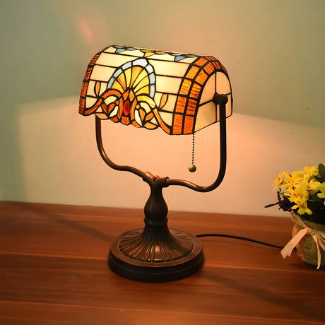 Vintage Stained Glass Tiffany Banker Decor Table Lamp Image - 2