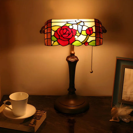 Vintage Tiffany Stained Glass Banker Decor Table Lamp Image - 1