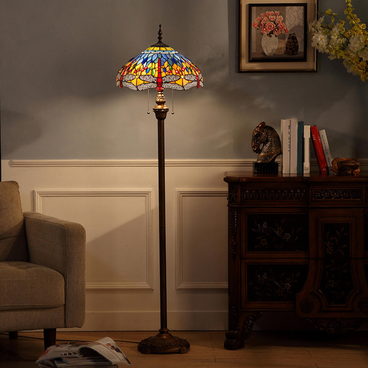Vintage Tiffany Style Dome Stained Glass Floor Lamp Image - 6