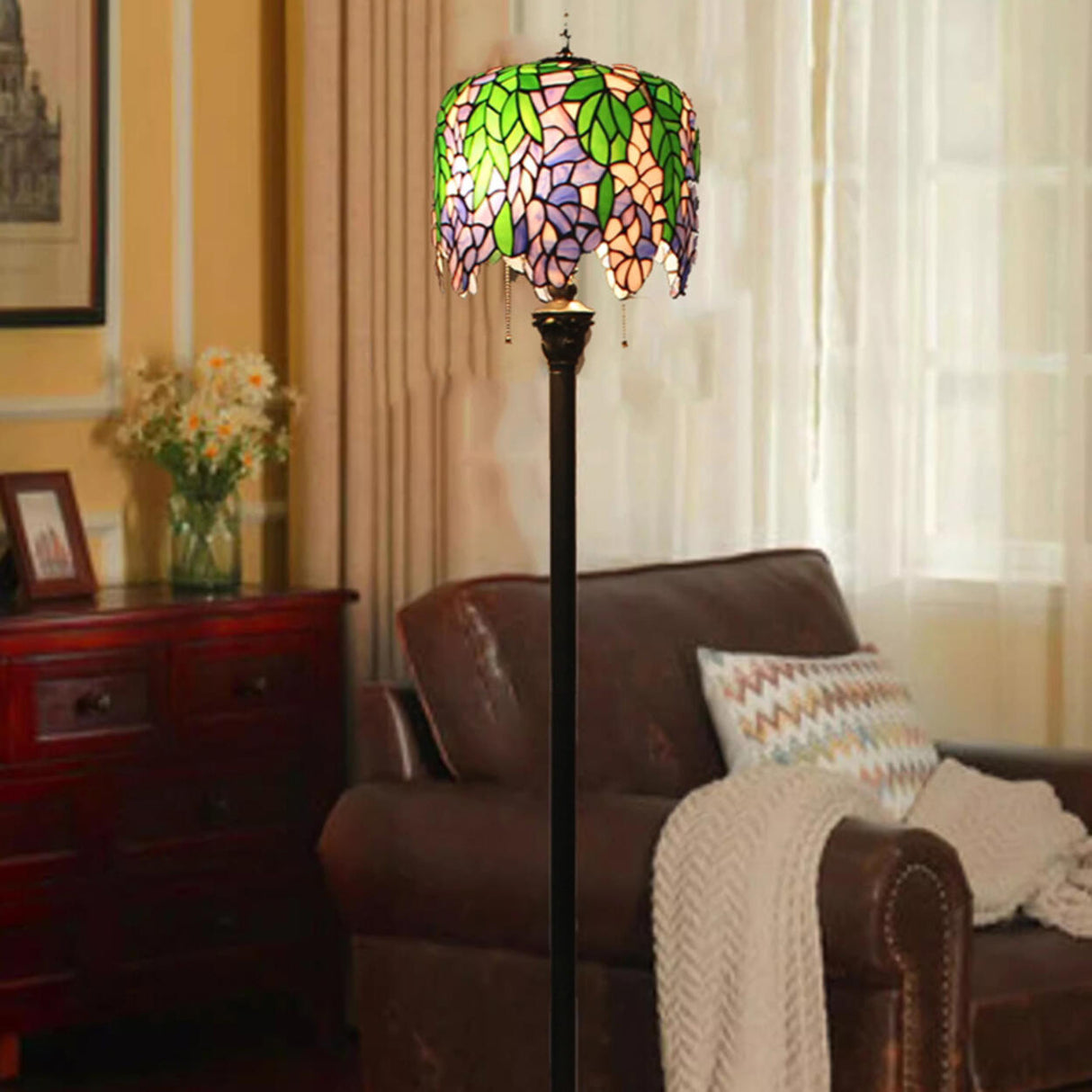 Vintage Tiffany Style Stained Dome Glass Floor Lamp Image - 3