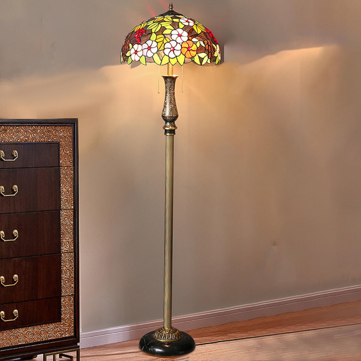 Vintage Tiffany-Style Stained Glass Dome Floor Lamp Image - 3