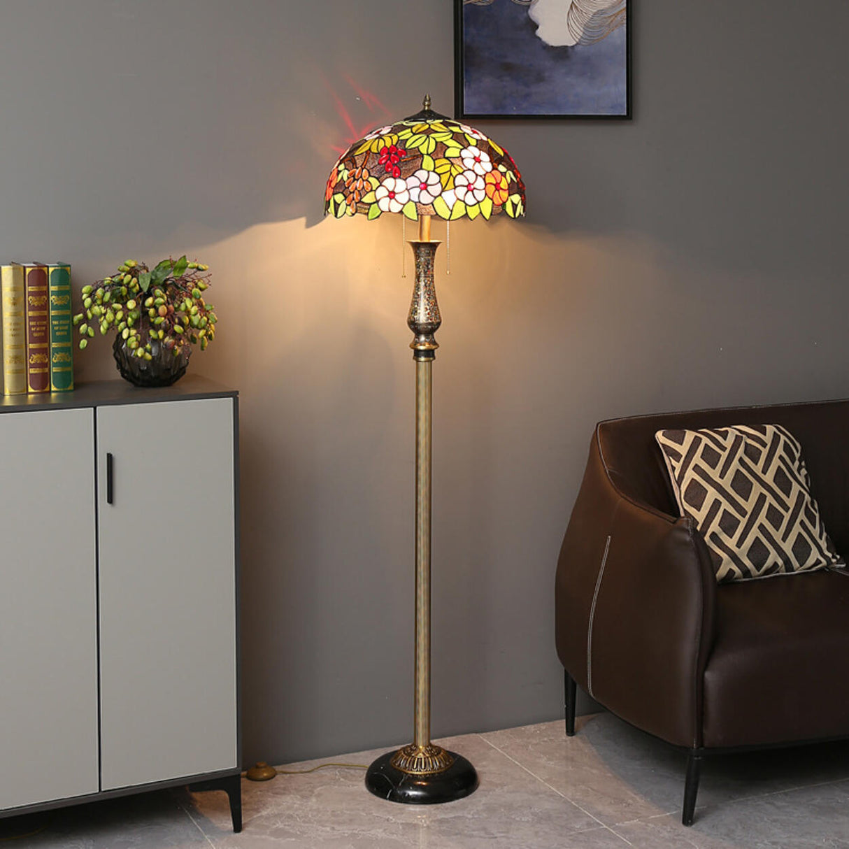 Vintage Tiffany-Style Stained Glass Dome Floor Lamp Image - 4