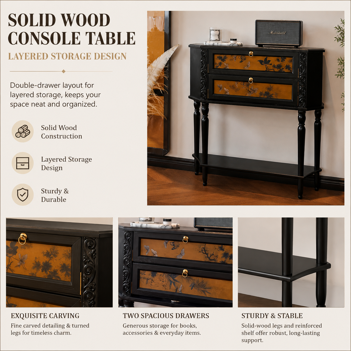 Vintage Two-Drawer Wood Narrow Console Table with Shelf Image - 14