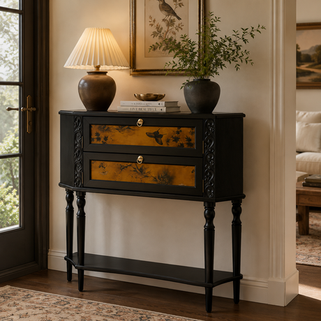 Vintage Two-Drawer Wood Narrow Console Table with Shelf Image - 15