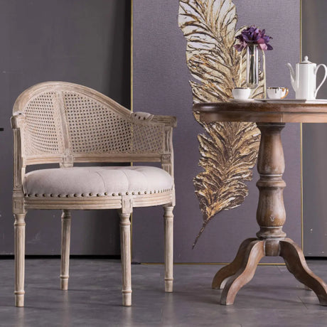 Vintage Upholstered Distressed Wood Cane Back Dining Chair Image - 1