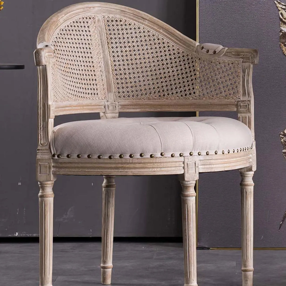 Vintage Upholstered Distressed Wood Cane Back Dining Chair Image - 4