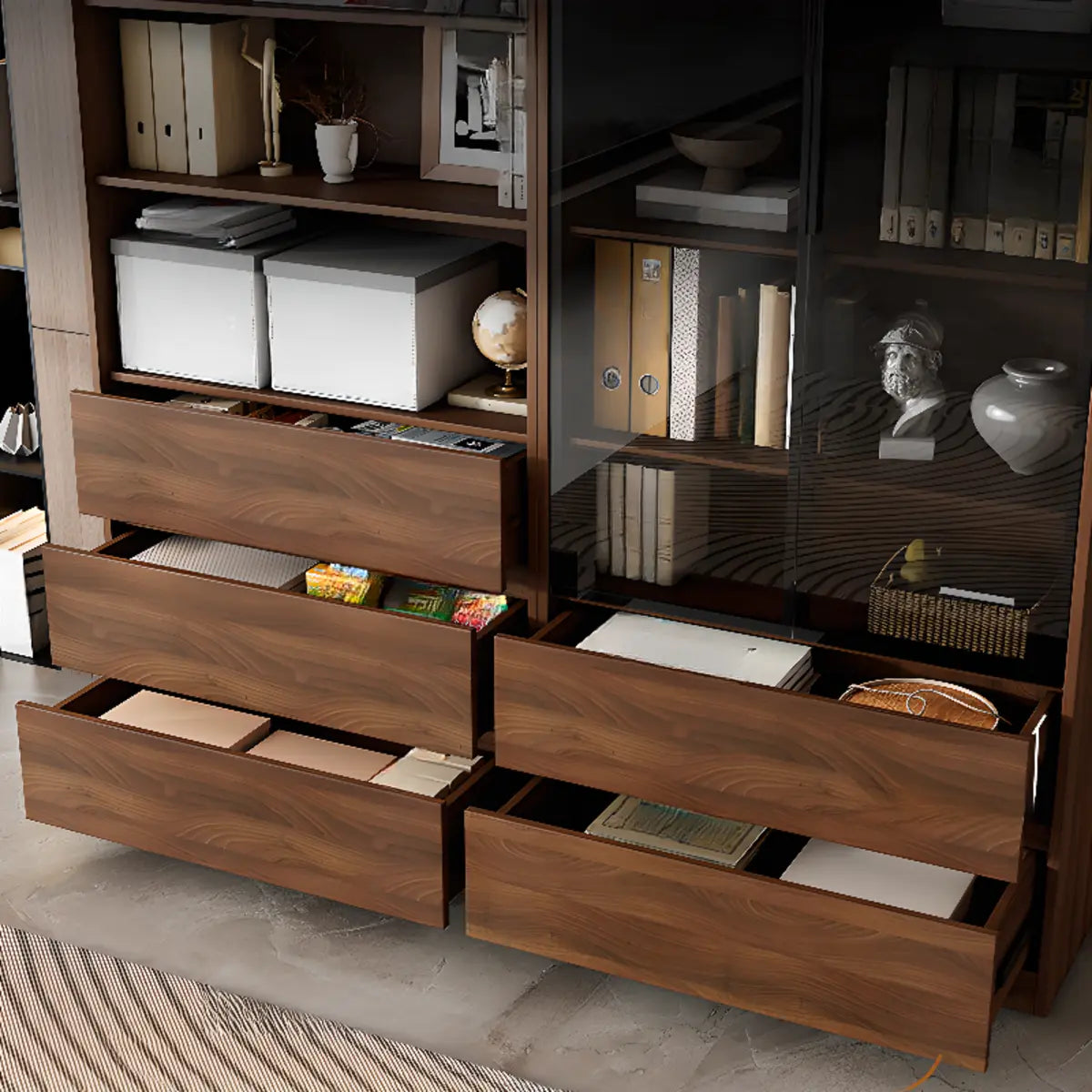 Vintage Vertical Glass Doors Timber Tall Bookcases Image - 10