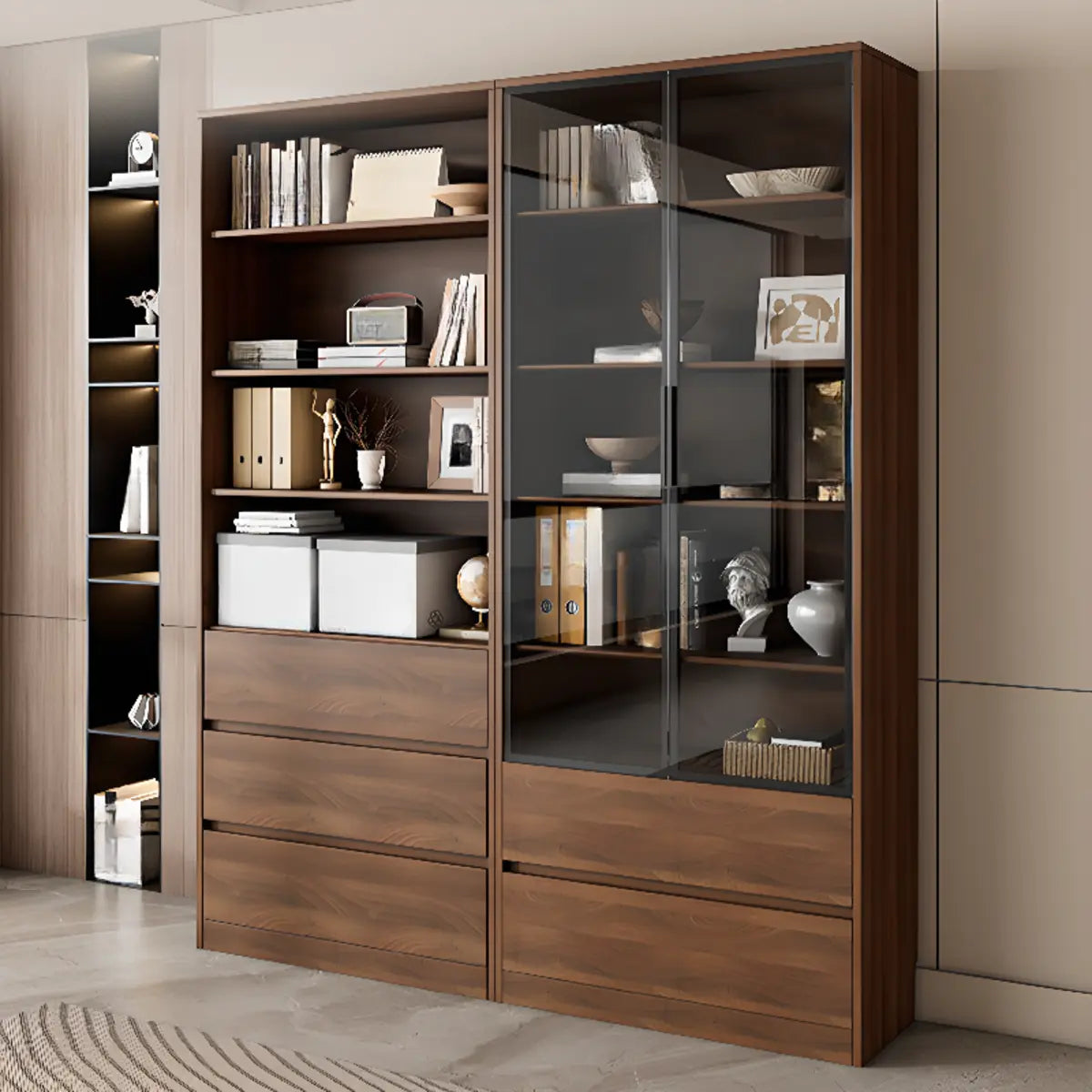 Vintage Vertical Glass Doors Timber Tall Bookcases Image - 4