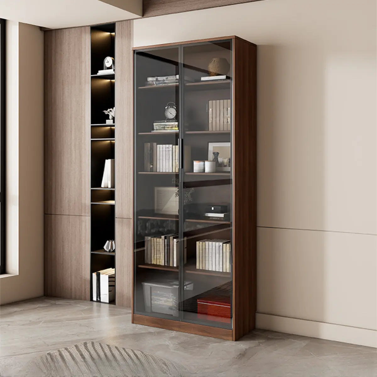 Vintage Vertical Glass Doors Timber Tall Bookcases Image - 5