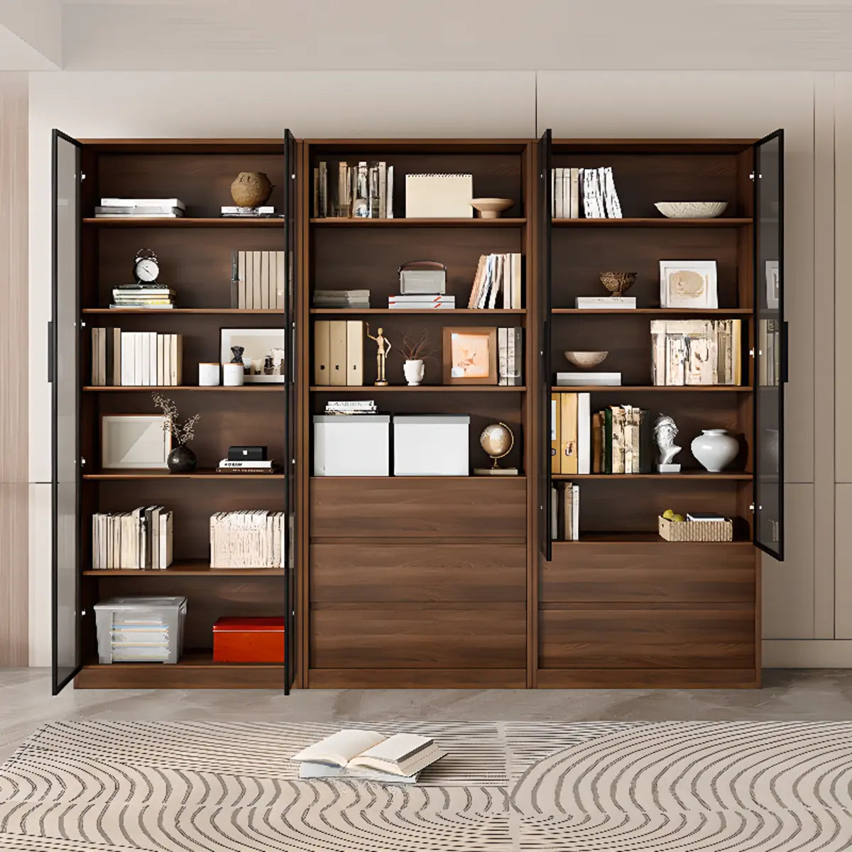 Vintage Vertical Glass Doors Timber Tall Bookcases Image - 6