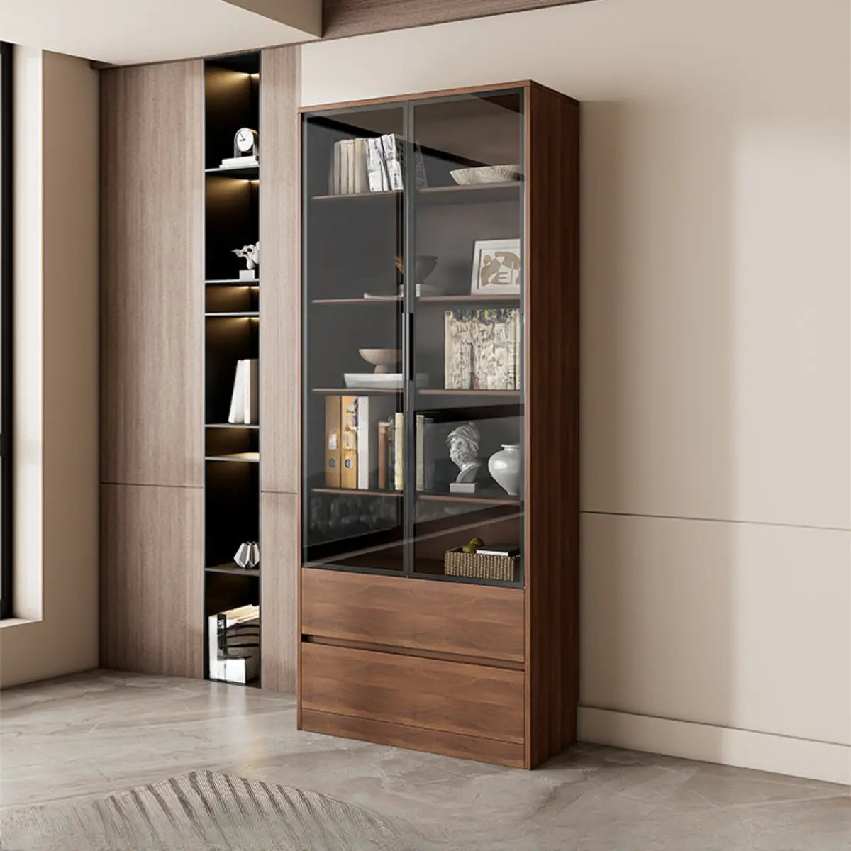 Vintage Vertical Glass Doors Timber Tall Bookcases Image - 7
