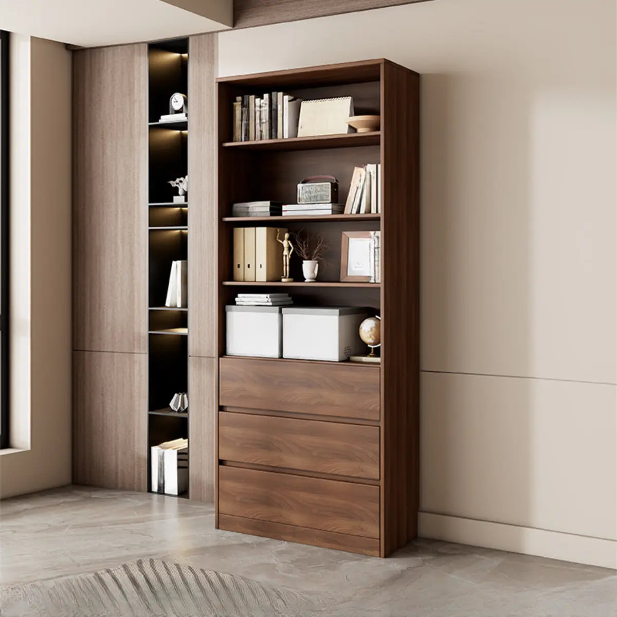 Vintage Vertical Glass Doors Timber Tall Bookcases Image - 9