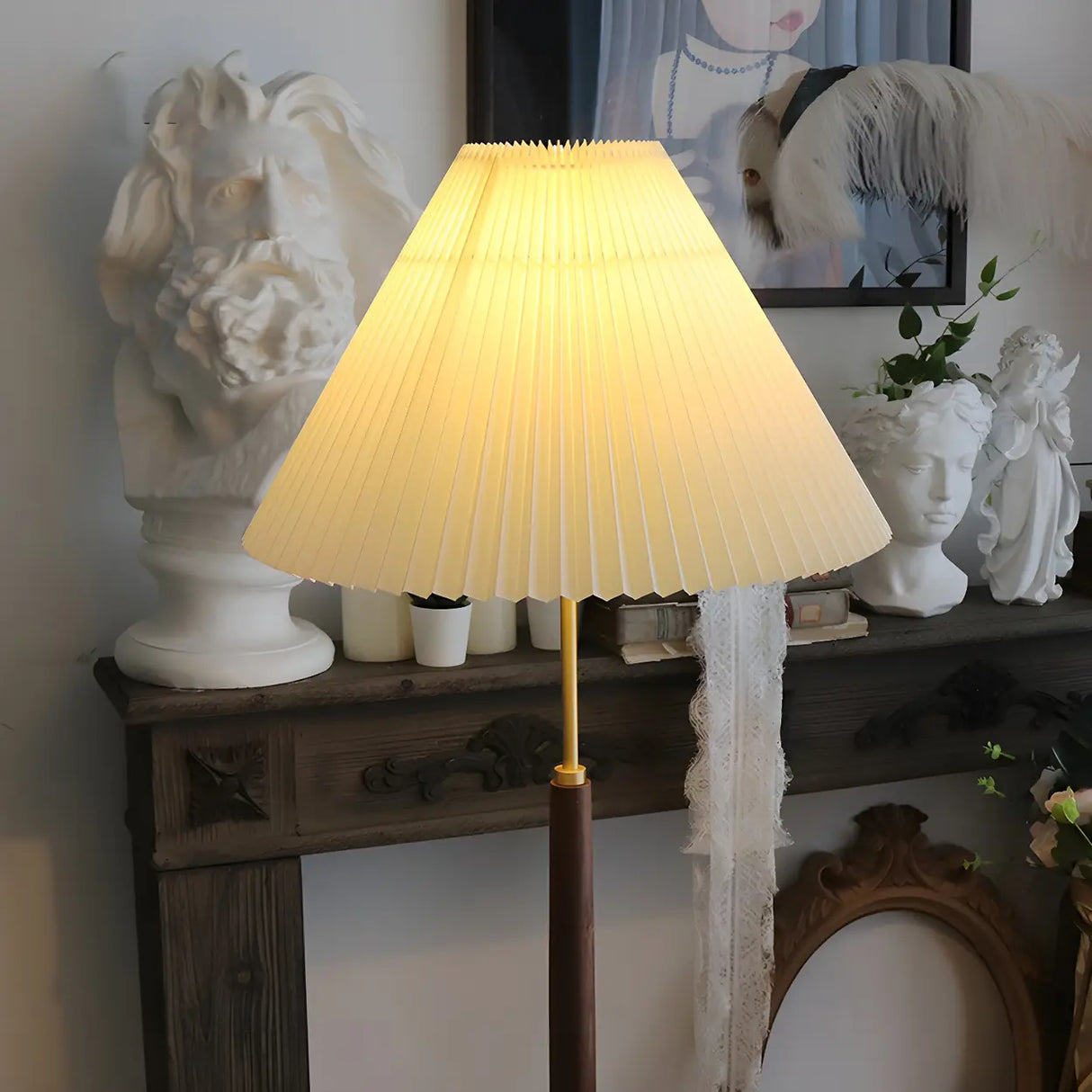 Vintage Walnut Metal Floor Lamp with Pleated Shade Image - 4