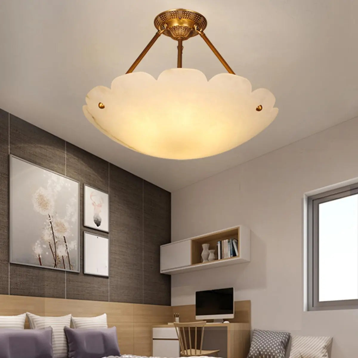 Vintage White Alabaster Floral Brass Bedroom Chandelier Image - 1