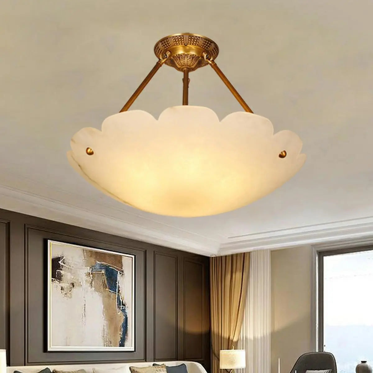 Vintage White Alabaster Floral Brass Bedroom Chandelier Image - 7