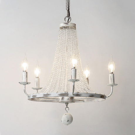 Vintage White Beaded Candle Chandelier Adjustable Height Image - 2